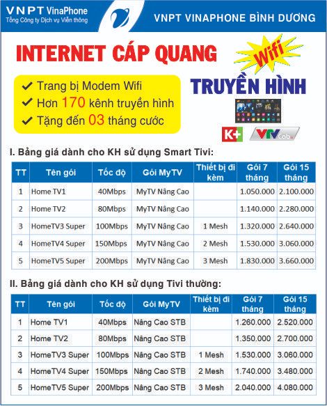 Bảng giá gói cước Home Internet Tivi của VNPT